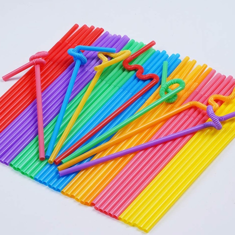 NEW! 200 Pcs Colorful Plastic Long Flexible Straws